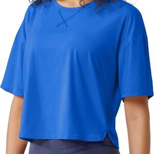 Blue Women's Cropped Short Sleeve Workout Top - Loose Fit, Breathable Cotton Ble